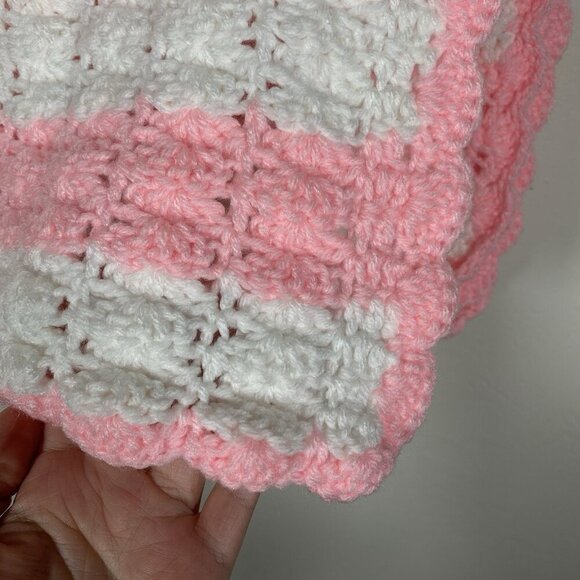 Handmade Crochet Baby Blanket Afghan Pink & White 29"x42" - Picture 3 of 7